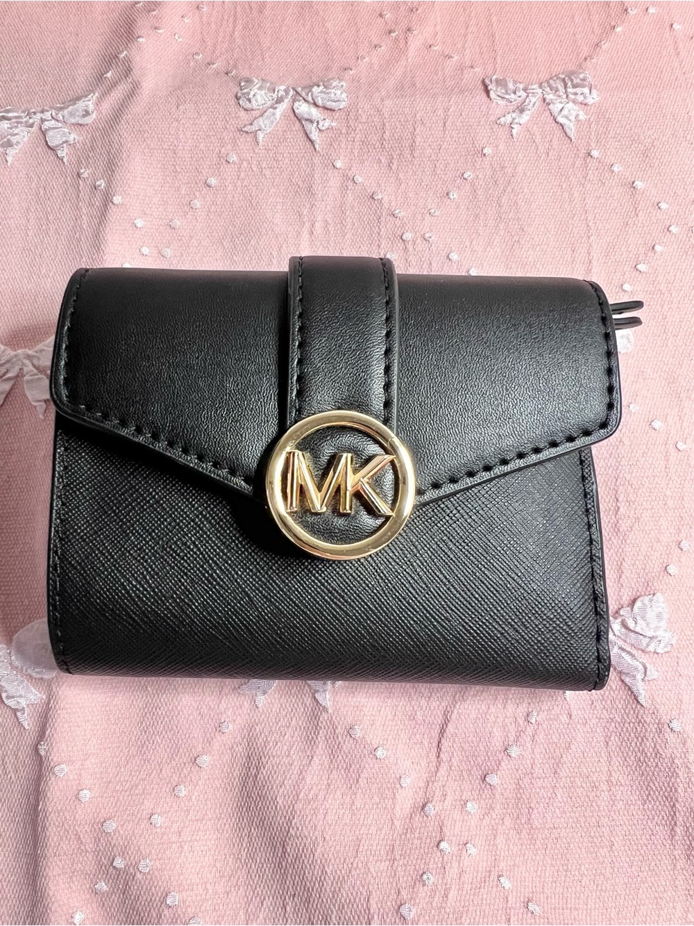 Michael Kors Black Saffiano Leather Compact Wallet with Gold MK Emblem